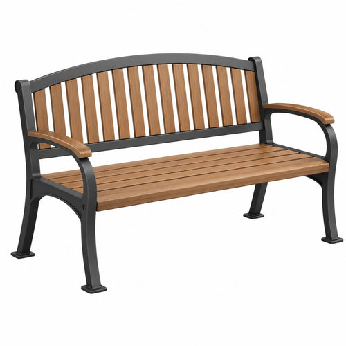 Gartenbank aus Metall und Holz, 122 cm lang, braun und schwarz, mit Armlehnen, für den Außenbereich, von VALMERIN