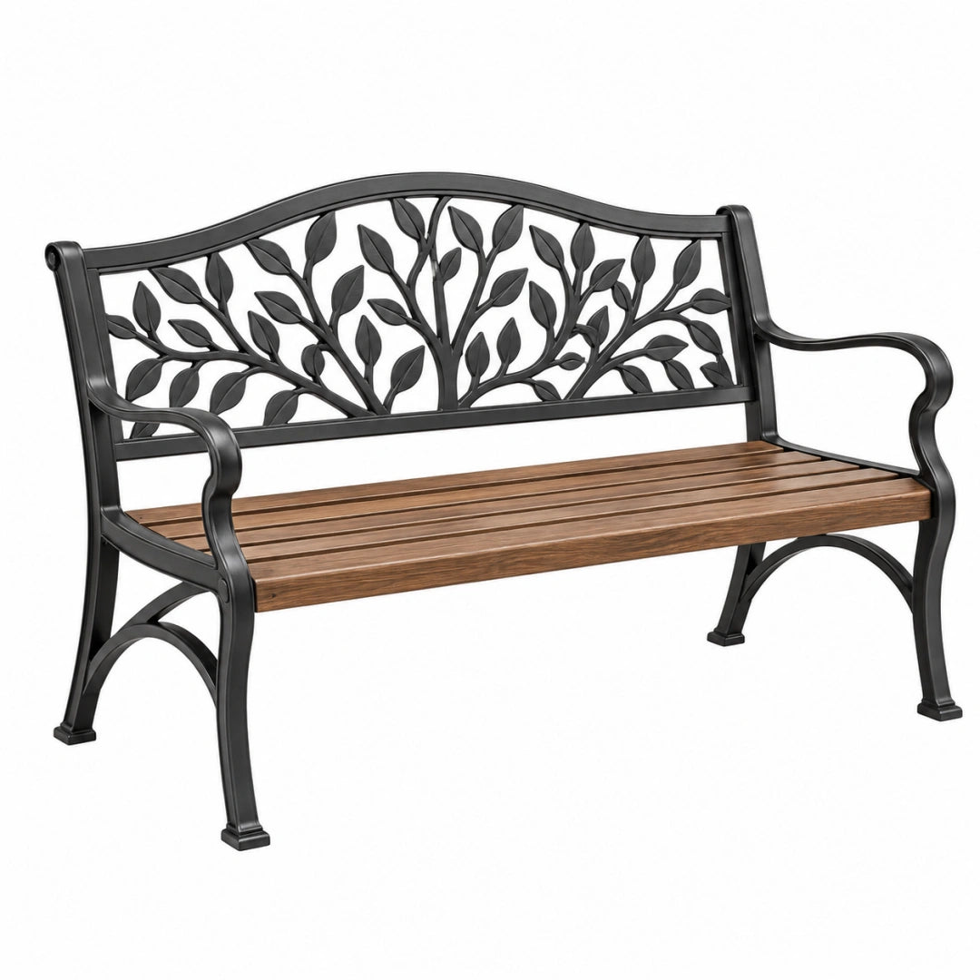 Schwarze und braune Gartenbank aus Metall und Holz von VALMERIN, 125 x 60 x 89 cm mit Armlehnen im Garten.