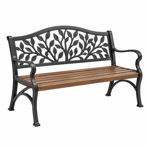 Schwarze und braune Gartenbank aus Metall und Holz von VALMERIN, 125 x 60 x 89 cm mit Armlehnen im Garten.